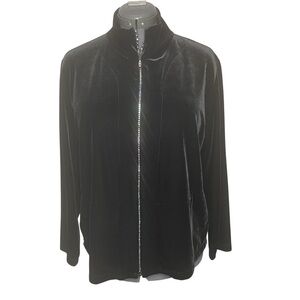 Chico’s Velvet Zip-Front Jacket Size 2 10 12 L Rhinestone Zipper Black Velour